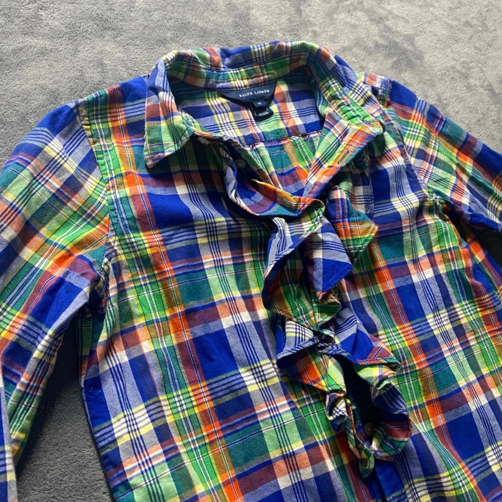 Ralph Lauren Button Down Shirt Girls 14 Plaid Ruffle Multi Color Cotton